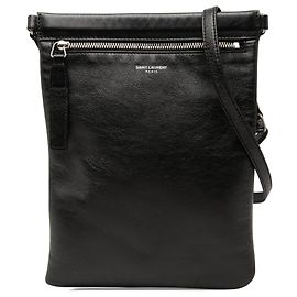 Borsa a tracolla piatta Sid Saint Laurent in pelle d'agnello invecchiata nera