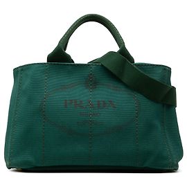 Borsa Tote Satchel Prada in tela Canapa con logo verde