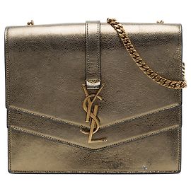 Borsa a tracolla Sulpice Medium in pelle metallizzata monogrammata marrone Saint Laurent