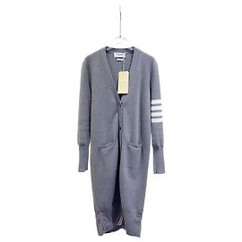 Thom Browne Langer Cardigan 4-Bar Streifen Wolle Grau