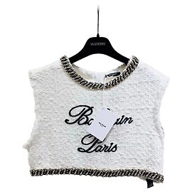 Top Balmain de Tweed Blanco con Ribete de Cadena Talla 38