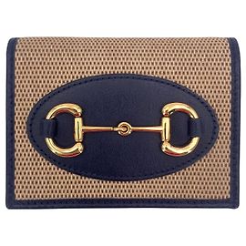 Gucci Kompaktes Bifold-Portemonnaie 1955 aus Leder in Beige und Blau mit Horsebit