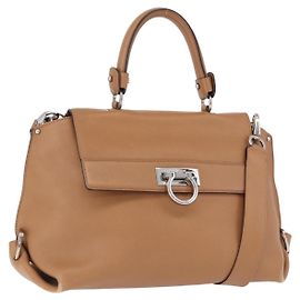 Salvatore Ferragamo Sofia Gancini Hand Bag Leather 2way Beige Silver