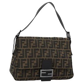 FENDI Zucca Canvas Mamma Baguette Shoulder Bag Black Brown