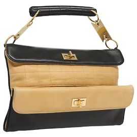 CHANEL Choco Bar Hand Bag Lamb Skin Beige Black CC