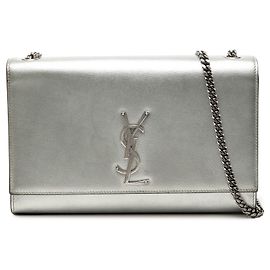 Saint Laurent Silver Medium Metallic Grain De Poudre Monogram Kate Crossbody