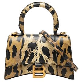 Borsa Hourglass Top Handle XS Balenciaga in pelle di vitello marrone con stampa leopardata