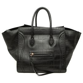 Céline Celine Black Medium Croc Embossed Leather Luggage Phantom Tote