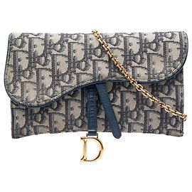 Portafoglio Saddle On Chain in tela Blue Oblique Dior
