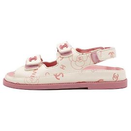 Chanel Sandali da donna in pelle CC Velcro White Pink Camellia
