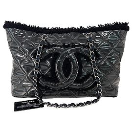 Chanel Sac Shopper Épaule en Tweed et PVC avec Chaîne Noir