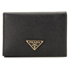 Prada Münzgeldbörse aus Saffiano-Leder mit goldenem Logo Schwarz QHH