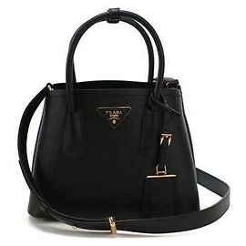 Prada Triangle Logo Saffiano Double Tote Shoulder Bag Black