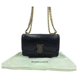 Burberry Mini TB Bag Umhängetasche aus Krokoprägeleder mit Kette Schwarz