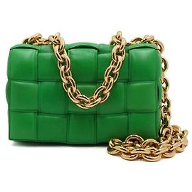 Bottega Veneta Sac Cassette Vert Intrecciato avec Poignée Supérieure en Chaîne Dorée, Sac Tote, Sac à Épaule, Sac Bandoulière