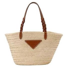 Prada Bolso Tote de cuero de palma con logotipo triangular Natural Cognac