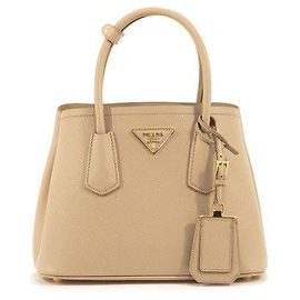 Prada Triangle Logo Saffiano Doublé Tote Shoulder Bag Beige