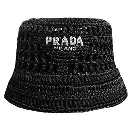 Prada Cappello bucket in rafia con logo ricamato Nero