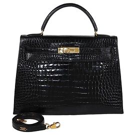 Hermès Hermes Kelly Sellier 32 aus Krokodil Porosus Schwarz mit Gold hardware