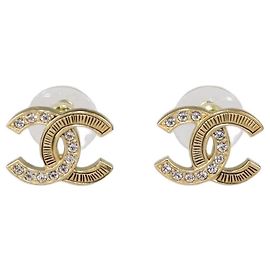 Chanel Gold Tone CC Crystals Stud Earrings