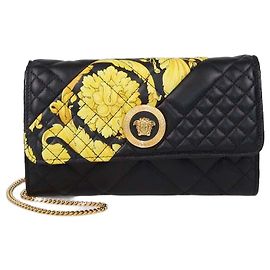 Portafoglio con catena Versace in pelle matelassé nera con stampa Barocco e Medusa