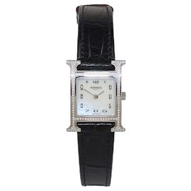 Hermès Relógio Heure H Hermes em aço inoxidável, madrepérola branca, diamantes e couro de aligátor 21 mm