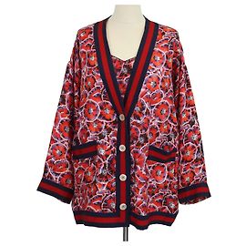 Gucci Set aus roter Seide mit Mohnblumen-Print, Top & Cardigan