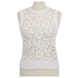 Top sin mangas de punto de algodón con encaje floral Valentino Off White