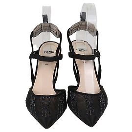 Fendi Colibri Riemchenpumps aus schwarzem Mesh und Satin mit Kristallbesatz