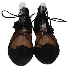 Aquazzura Black Suede Pom Pom Sunshine Ballerinas