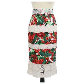 Falda midi Dolce & Gabbana de mezcla de algodón multicolor con estampado floral y ribete de encaje