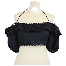Zimmermann Off-Shoulder Crop Top aus schwarzem Leinen mit Wellenrand-Details