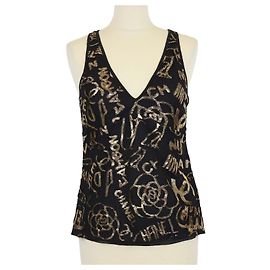 Camiseta de tirantes Chanel en mezcla de poliéster fil-coupé y punto acanalado Negro/Dorado