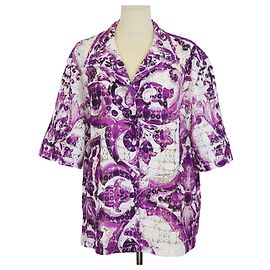 Dolce & Gabbana Purple/White Cotton Majolica Print Crochet Lace Shirt