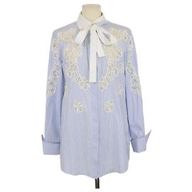 Camisa de manga larga Valentino de algodón a rayas azul/blanco con detalles de encaje y lentejuelas