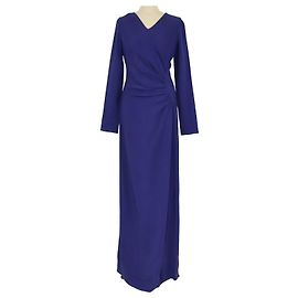 Lanvin dunkelblaues plissiertes V-Ausschnitt Maxikleid aus Viskose mit langen Ärmeln und Schlitz