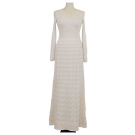 M Missoni Maxikleid aus cremefarbener Wollstrick mit Zig Zag Wave-Muster und langen Ärmeln