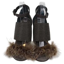 Sandálias de tira no tornozelo Brunello Cucinelli Grey/Dark Brown com missangas e pele