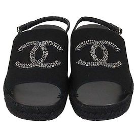 Chanel Slingback Espadrille Sandalen aus schwarzem Canvas mit CC-Kristallen