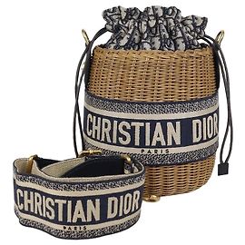 Christian Dior Beuteltasche mit Kordelzug aus bestickter Leinwand & Weide, Navy Blue/Natural
