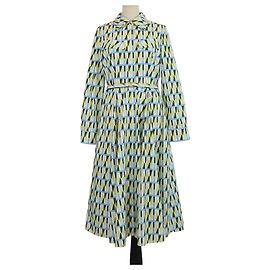 Autre Marque Emilia Wickstead mehrfarbiges Baumwoll-Midi-Kleid mit geometrischem Print, langen Ärmeln und Gürtel