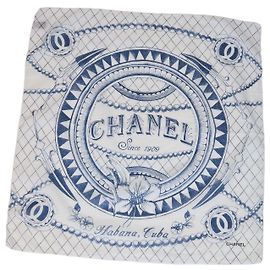 Chanel Seidentuch mit Habana Cuba Print aus Baumwolle in Weiß/Blau