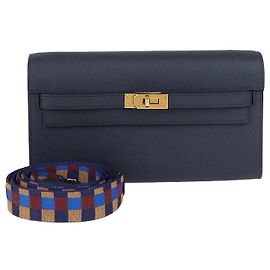 Hermès Portafoglio Hermes Kelly Classique in pelle Epsom Indigo con tracolla per borsa Maxi Quadrille 25mm in Togo PHW