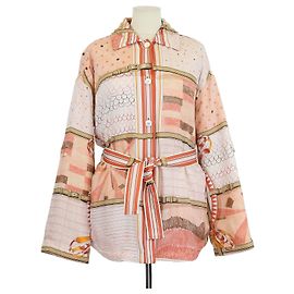 Hermès Hermes Orange Lava Silk Coloriages de Jour gestepptes Overshirt