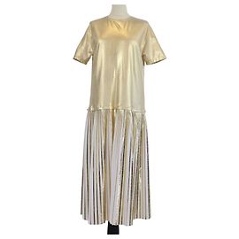 Vestido midi plissado de manga curta em algodão Gold/White Valentino