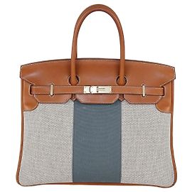 Hermès Borsa Birkin 35 Hermes Fauve/Natural Canvas e Pelle Barenia Permabrass Flag