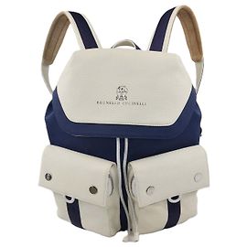 Brunello Cucinelli Kids Kordzug-Rucksack aus Leder und Nylon Ivory/Blue