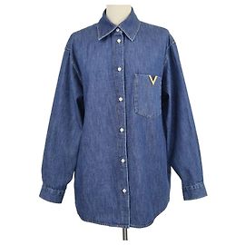 Camisa de chambray de manga larga VLogo en denim azul marino Valentino