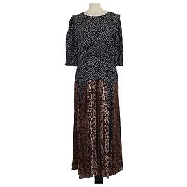 Autre Marque Abito maxi Rixio Black/Brown in viscosa a pois e stampa leopardata con maniche a tre quarti
