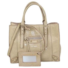 Mini Tote Papier Balenciaga in pitone beige